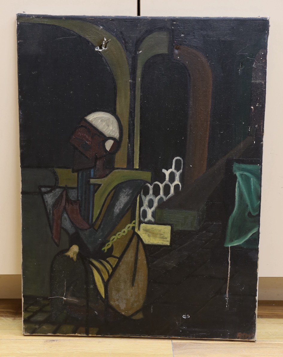 Modern British, oil on canvas, Stylised study of a praying figure, initialled RSM, 60 x 46cm, unframed